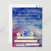 本 & 青い花の水彩スクリプト カスタム名言 ポストカード (正面/裏面)