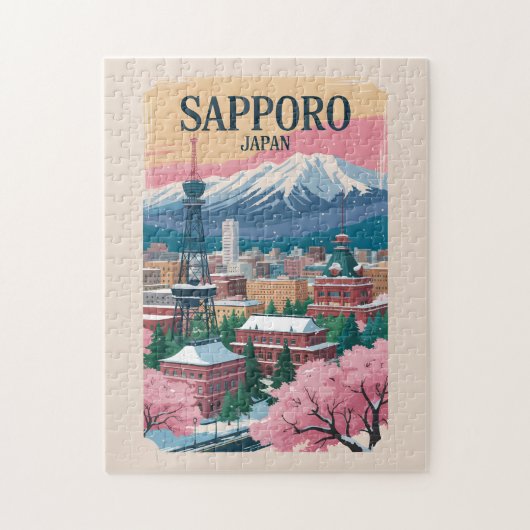 札幌 日本 イラスト 旅行 アート ヴィンテージ ジグソーパズル (縦)