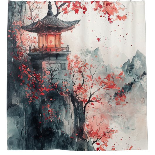 朱桜の塔の水彩画 シャワーカーテン (正面)