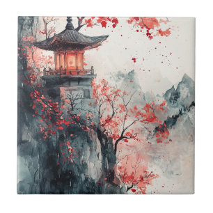 朱桜の塔の水彩画 タイル