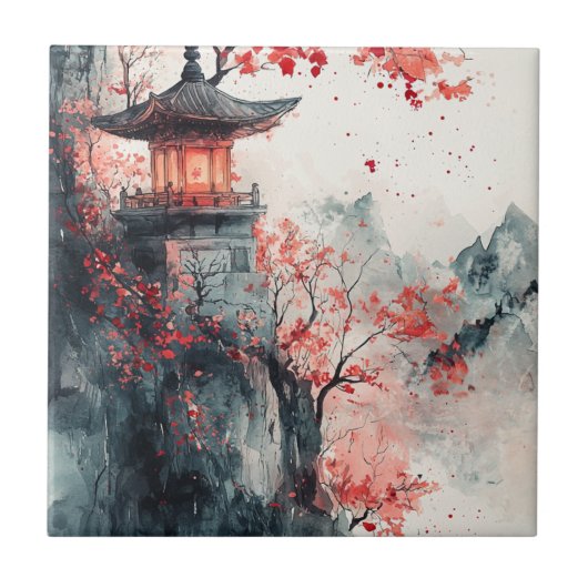 朱桜の塔の水彩画 タイル (正面)