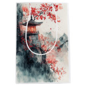 朱桜の塔の水彩画 ミディアムペーパーバッグ (正面)