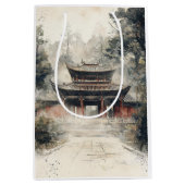 朱色の寺院門 水彩インク (1) ミディアムペーパーバッグ (正面)