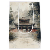 朱色の寺院門 水彩インク (1) ミディアムペーパーバッグ (裏面)