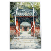 朱色の寺院門 水彩インク（3） ミディアムペーパーバッグ (正面)