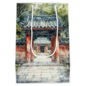 朱色の寺院門 水彩インク（3） ミディアムペーパーバッグ (裏面)
