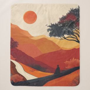 朱色の禅の山の風景 ゴールドの夕焼けアート シェルパブランケット