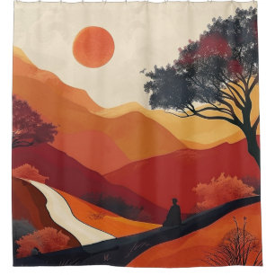 朱色の禅の山の風景 ゴールドの夕焼けアート シャワーカーテン