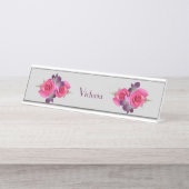 机かぶら下がったな名札のピンクのバラの蘭 デスクネームプレート (正面)