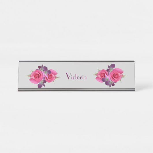 机かぶら下がったな名札のピンクのバラの蘭 デスクネームプレート (正面)