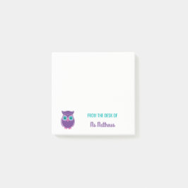 机からの先生のパーソナライズな紫色のフクロウの ポストイット