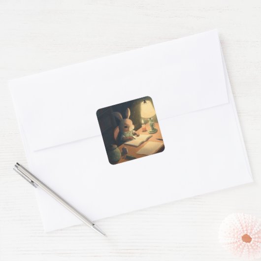 机でウサギが執筆 - スクエアシール (封筒)