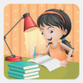 机で働く女の子 スクエアシール (正面)