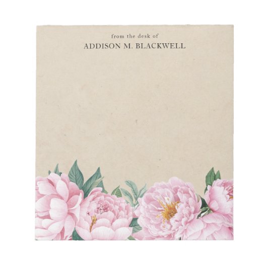 机の上の羊皮紙のピンク色の牡丹 ノートパッド (正面)