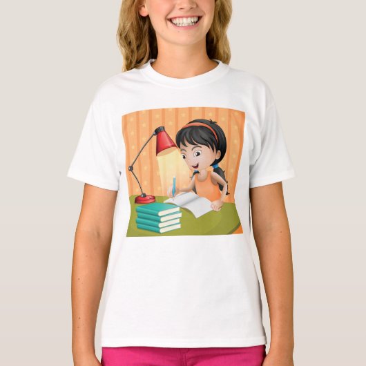 机のTシャツで働く女の子 Tシャツ (正面)