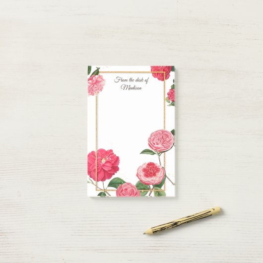 机パーソナライズされたのピンクのフローラのメモガーリー ポストイット (デスク上)