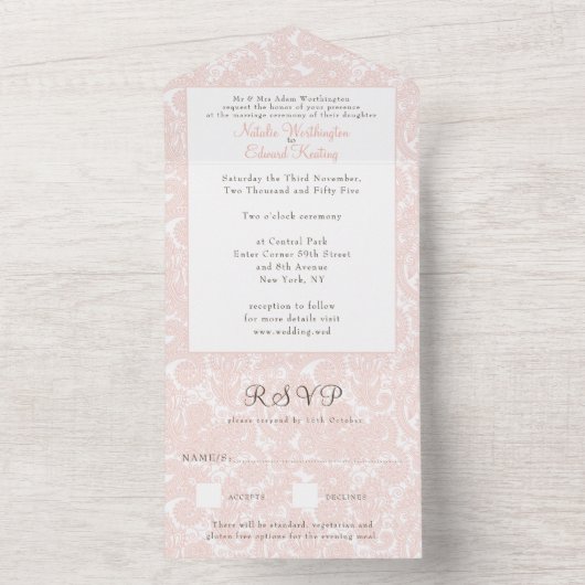 杏の花とピンクの桃のレースのフィリグリーとペイズリーの結婚式　出欠確認のお願い オールインワン招待状 (内側)