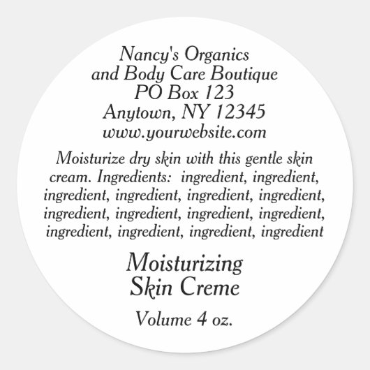 材料と化粧品ラベル – 白と黒 ラウンドシール (正面)