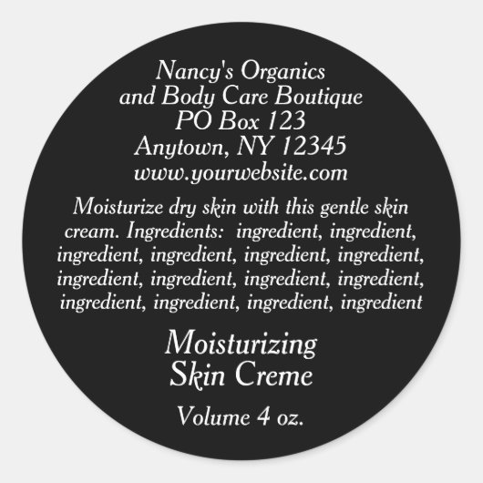 材料を使用した化粧品ラベル – 黒と白 ラウンドシール (正面)
