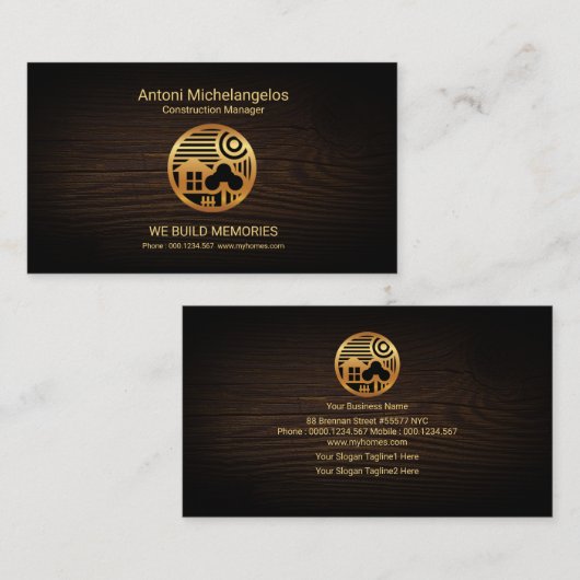 材木の木製の金ゴールドの家の景色のモチーフの建築 名刺 (正面/裏面)