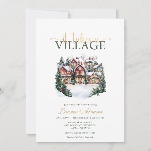 村の雪の多い冬の赤ちゃんシャワーが必要 招待状 (正面)