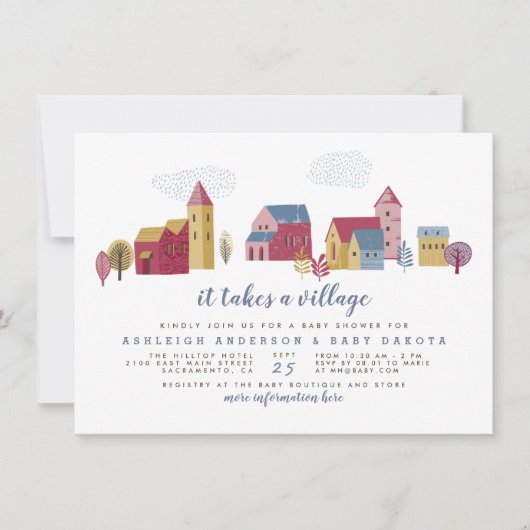 村の青い男の子の赤ん坊のシャワーを浴びる 招待状 (正面)