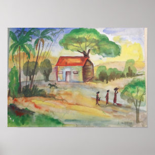 村の風景水彩画 - 田舎の壁芸術 ポスター