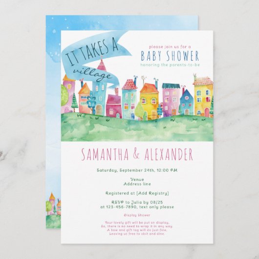 村の養子縁組にIVFの赤ちゃんシャワーが必要 招待状 (正面/裏面)