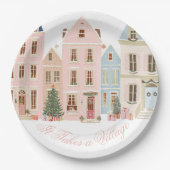 村を挙げての冬のピンクのベビーガールシャワー ペーパープレート (正面)