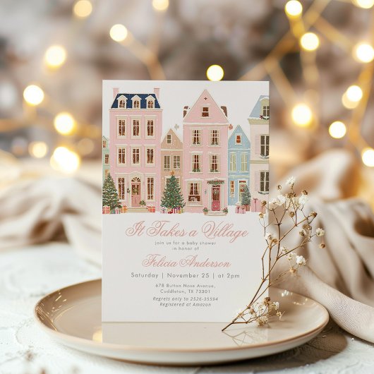 村を挙げての冬のピンクの女の子の赤ちゃんシャワー 招待状