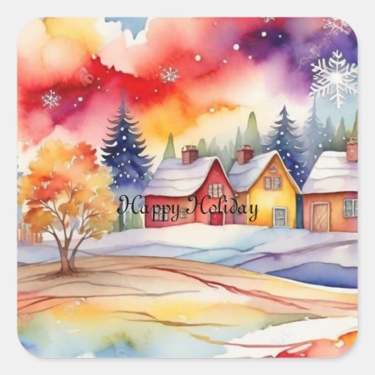 村カラフルの水彩画 スクエアシール (正面)