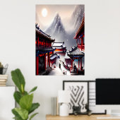 村中国の雪の山 | AI Art ポスター (ホームオフィス)