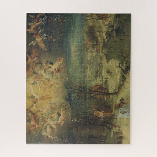 村人たちが森を見つめる冬の風景 ジグソーパズル (縦)