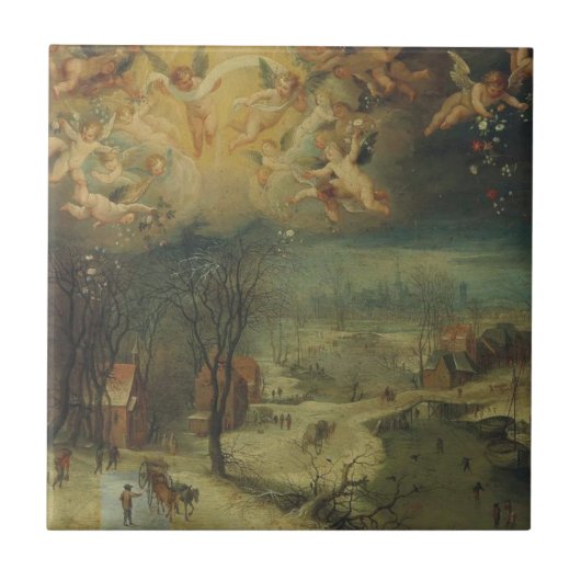 村人たちが森を見つめる冬の風景 タイル (正面)