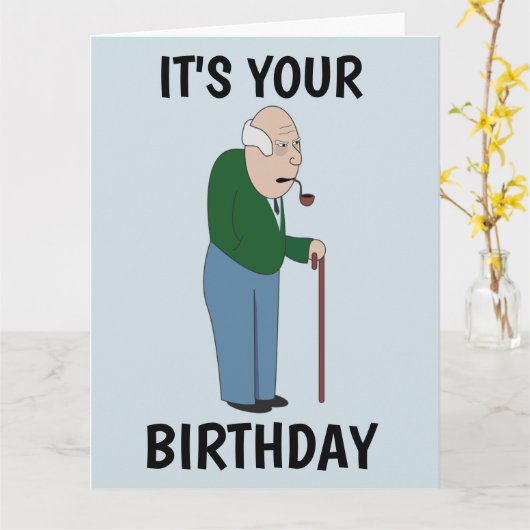 杖おもしろいを持つ丘の男の上の誕生日カード カード (黄色い花)