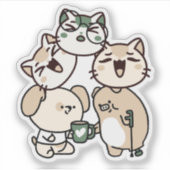 杖をついてコーヒーを楽しむ犬と豚 シール (正面)
