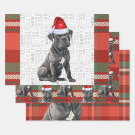 杖コルソクリスマスドッグレッドグリーンプレイド ラッピングペーパーシート