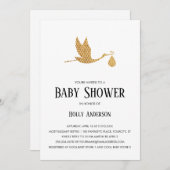 束を持つシンプルなベビーシャワーのプレッピーな金ゴールドのこうのとり 招待状 (正面/裏面)