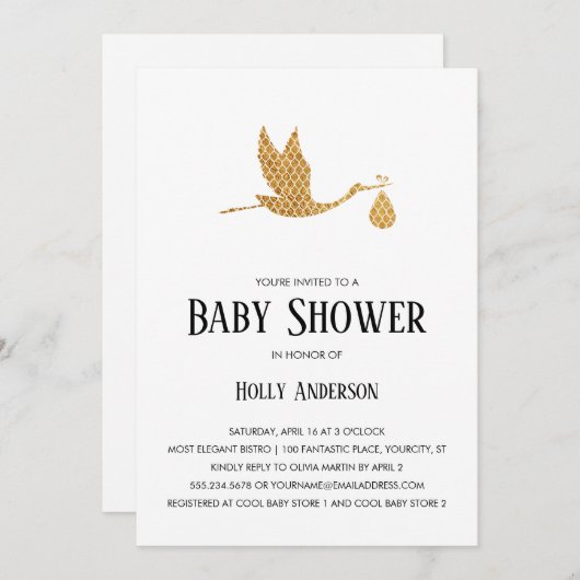 束を持つシンプルなベビーシャワーのプレッピーな金ゴールドのこうのとり 招待状 (正面/裏面)