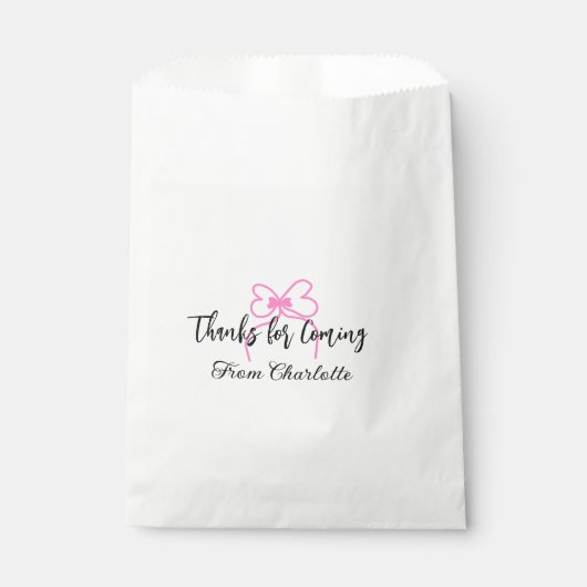 来てくれてありがとう 名前を追加 テキスト メッセージ ピンクの蝶ネクタイ フェイバーバッグ (正面)