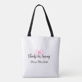 来てくれてありがとう 名前テキスト ピンクのリボン f トートバッグ (裏面)