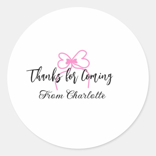 来てくれてありがとう（名前）テキストメッセージ ピンクの蝶ネクタイ ラウンドシール (正面)