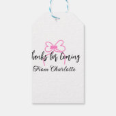 来てくれてありがとう 名前 テキスト メッセージ ピンクのリボン f ギフトタグ (裏面)