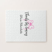 来てくれてありがとう 名前 テキスト メッセージ ピンクのリボン f ジグソーパズル (横)