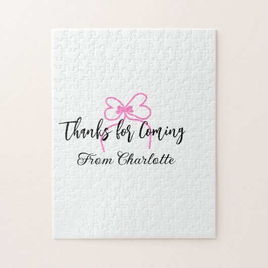 来てくれてありがとう 名前 テキスト メッセージ ピンクのリボン f ジグソーパズル (縦)