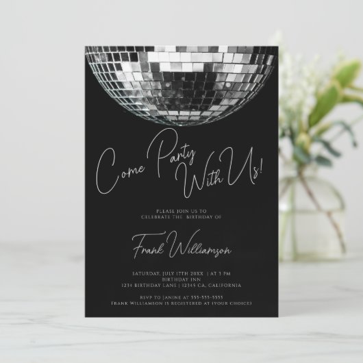 来モダン黒ディスコのボール誕生日 招待状 (スタンド正面)