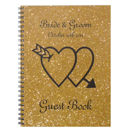 来客名簿|の二重ハートおよび矢を結婚する金ゴールド ノートブック (正面)