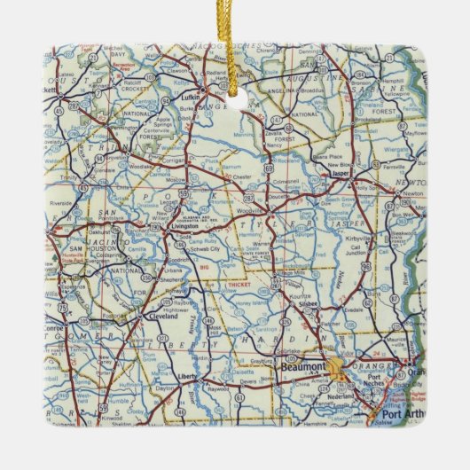 東テキサス州のクリスマス装飾品とヴィンテージマップ セラミックオーナメント (正面)