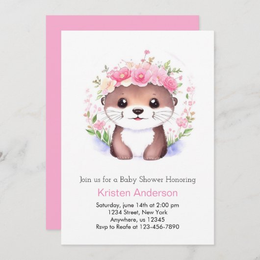 東ピンクのフローラ泣き女の子の赤ちゃんシャワー 招待状 (正面/裏面)