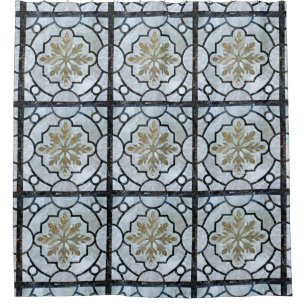 東フローラ大理石パターングレーシッシュブルー&金ゴールド シャワーカーテン